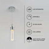 A modern hanging pendant light with cylindrical glass shade and metal accents. Text on the right lists features: LED integrated, dimmable, 50,000 hours, 450 lumens, and easy installation with a safety hook included.
