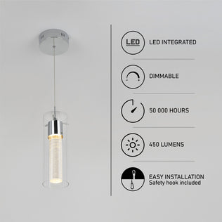 The Essence LED pendant light by Artika hangs from the ceiling. Beside it, icons highlight its integrated LED, dimmable feature, 50,000-hour lifespan, 450 lumens brightness, and easy installation with included safety hook.