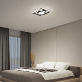 A modern bedroom with a low bed, white and gray bedding, tall curtains, decorative vase, and a geometric LED ceiling light fixture illuminating the minimalist space.