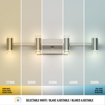 The Mist modern LED bathroom vanity light by Artika displays five white color temperatures—2700K, 3000K, 3500K, 4000K, and 5000K—from warm to cool. Each CCT and its label are shown beneath the corresponding section.