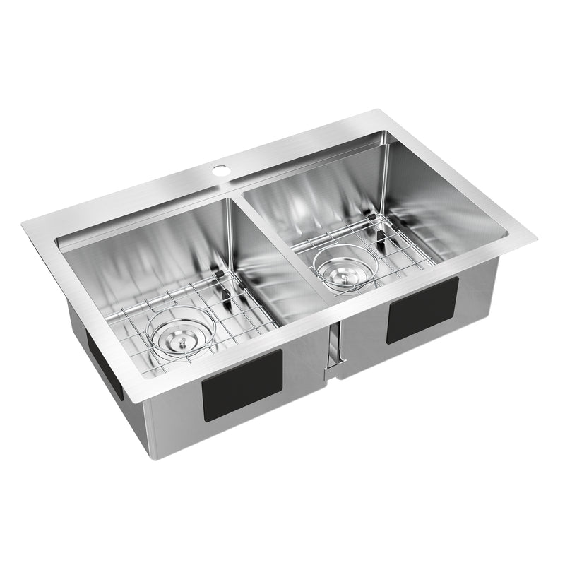 The Artika Newport twin bowl 33 in. stainless steel workstation sink features a flat rim, two metal grids (one per basin), and a faucet hole centered on the back edge.