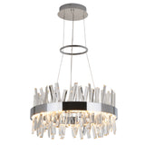 A modern chandelier with a circular metal frame and hanging clear crystal-like glass pieces, suspended by wires from a round ceiling mount. The lights inside illuminate the crystals, creating a sparkling effect.
