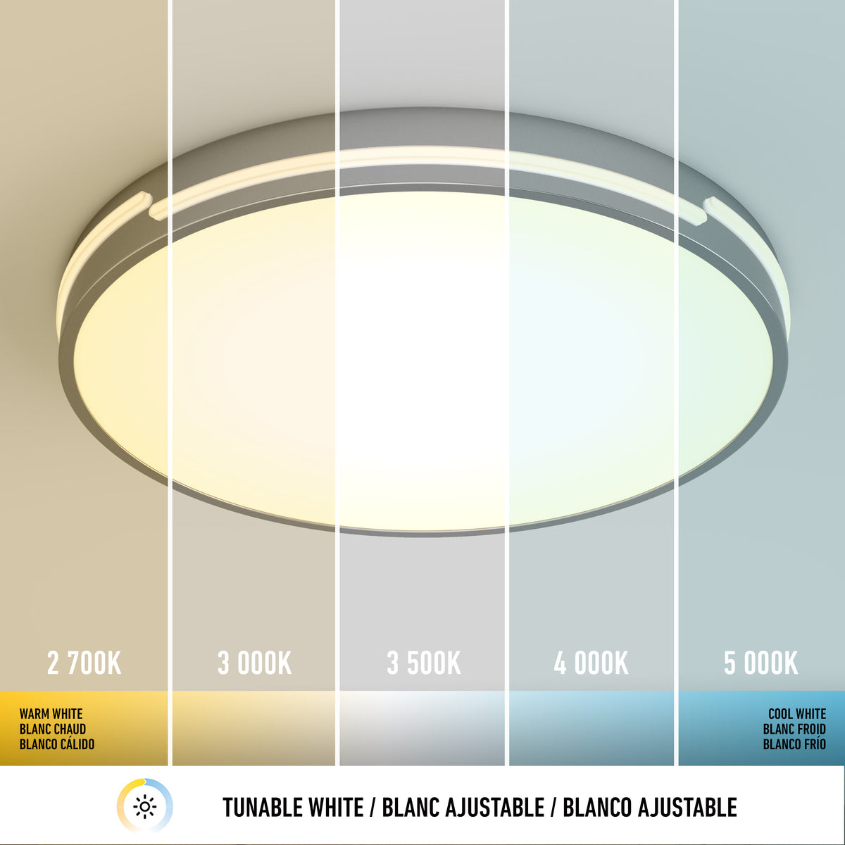 A round ceiling light displays five color temperature settings from left to right: 2700K (warm white), 3000K, 3500K, 4000K, and 5000K (cool white), illustrated by a gradient from yellow to blue-white.