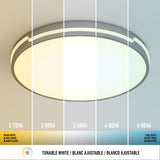 A round ceiling light displays five color temperature settings from left to right: 2700K (warm white), 3000K, 3500K, 4000K, and 5000K (cool white), illustrated by a gradient from yellow to blue-white.