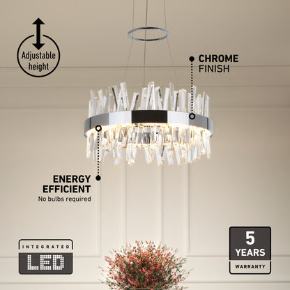 Enchanted LED pendant light featuring a circular chrome frame with vertical crystal accents and adjustable height.