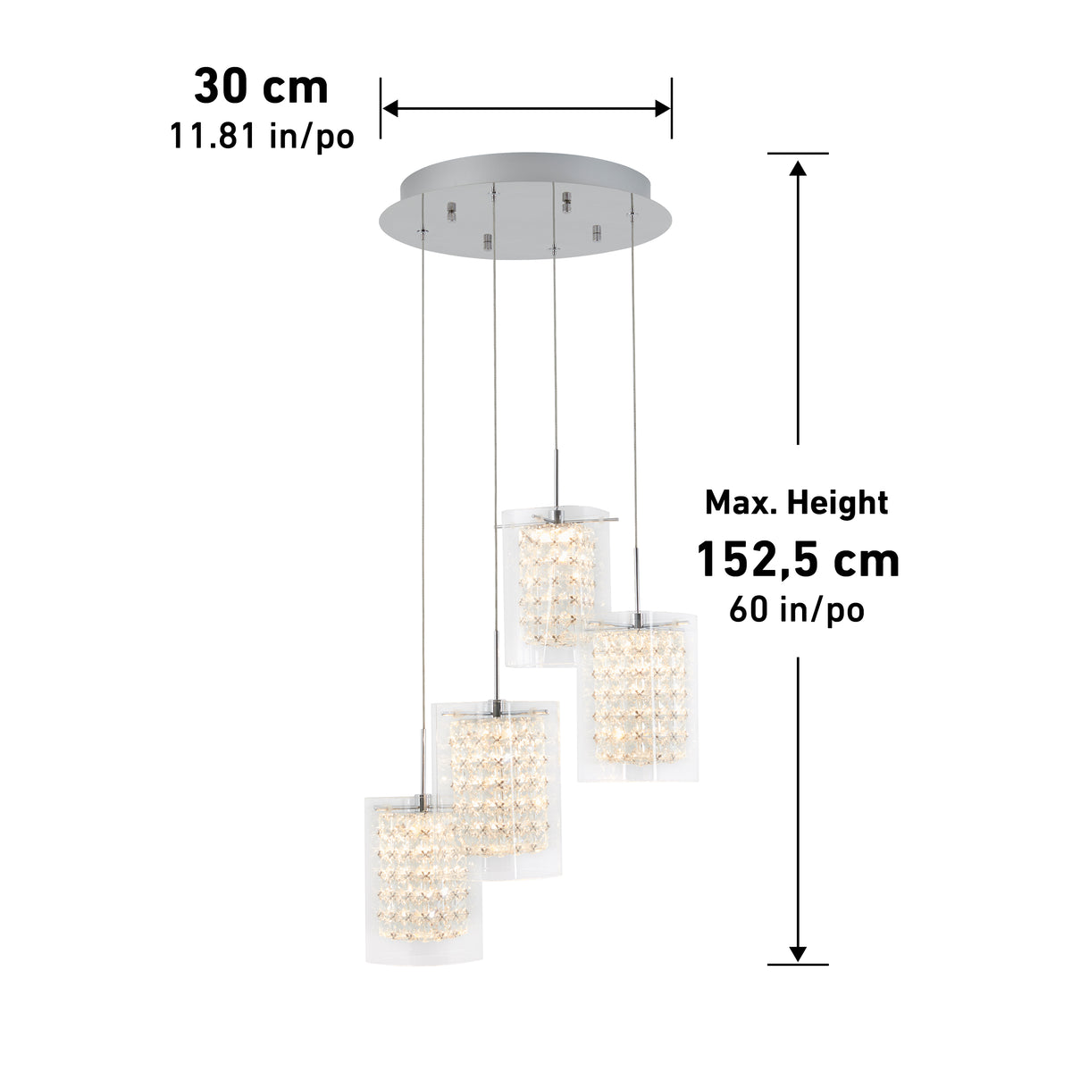 A modern ceiling pendant light fixture with four hanging crystal lamps at varying heights. The fixture is 30 cm wide and has a maximum height of 152.5 cm. Measurements are labeled in centimeters and inches.