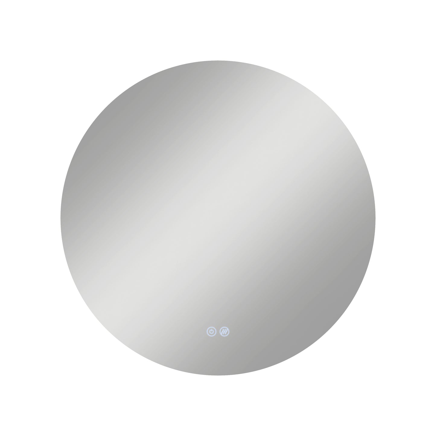 The Artika-CAN-dev Raya 24 in. LED mirror features a frameless round design, reflective surface, two touch control icons near the bottom center, and a defogger, shown on a white background.