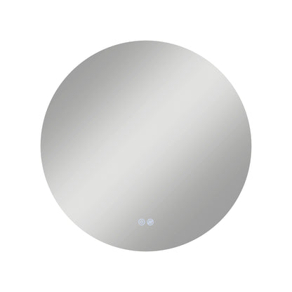 The Artika-CAN-dev Raya 24 in. LED mirror features a frameless round design, reflective surface, two touch control icons near the bottom center, and a defogger, shown on a white background.