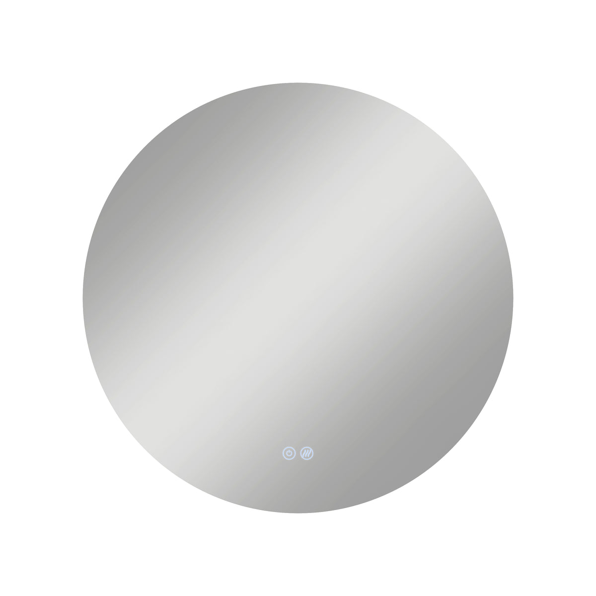 The Artika Raya 24 in. LED mirror features a round, frameless design with a smooth reflective surface, 3 CCT options, a defogger, and two small touch buttons at the bottom center, shown against a plain white background.