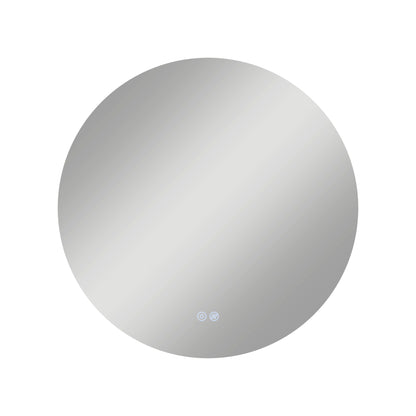The Artika Raya 24 in. LED mirror features a round, frameless design with a smooth reflective surface, 3 CCT options, a defogger, and two small touch buttons at the bottom center, shown against a plain white background.