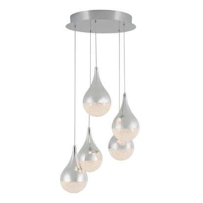 The Artika Glitzer 5-light LED pendant features five teardrop-shaped bulbs with metallic silver tops and textured, illuminated bottoms, all hanging from a round silver base for a modern ceiling lighting touch.
