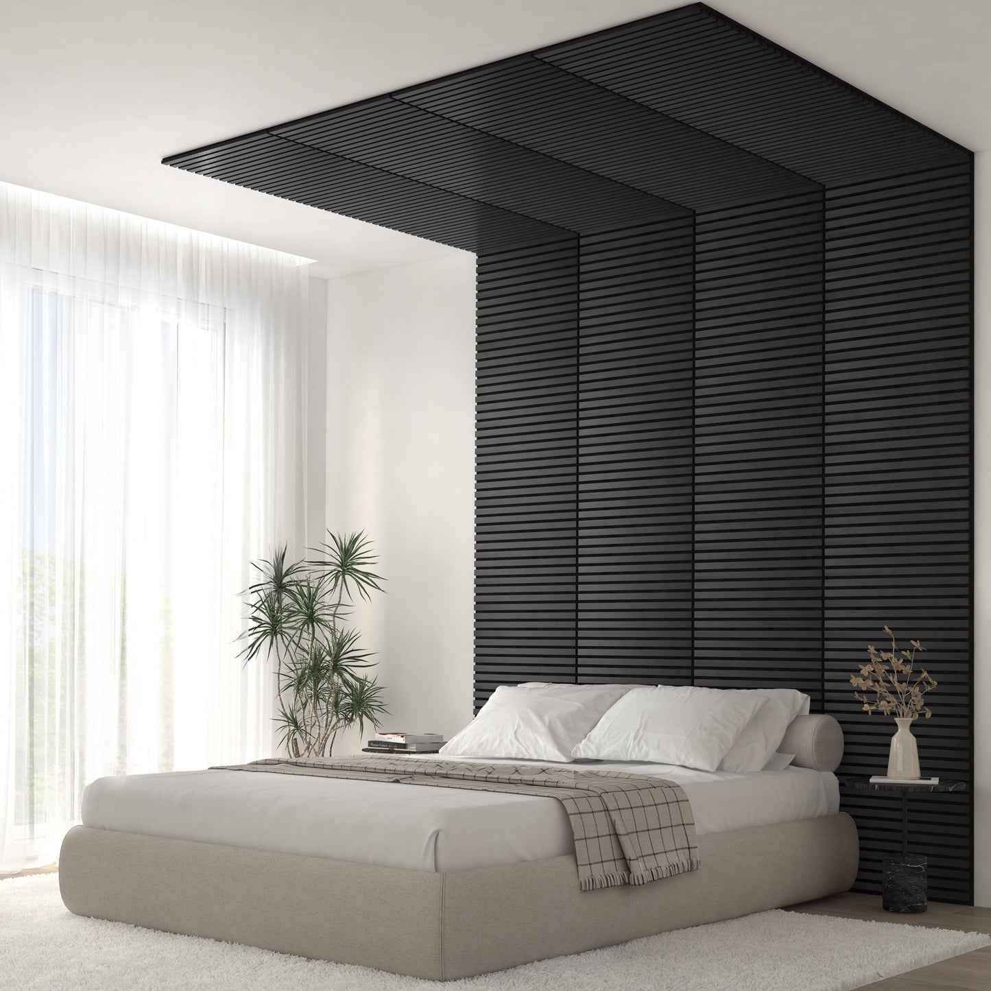 A modern bedroom features a beige bed with white bedding and a Sonolok 15.5 ft sound-absorbing wall panel kit by Artika-CAN-dev as a black slatted accent wall extending onto the ceiling, plus large windows, sheer curtains, a potted plant, and vase on a side table.