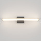 A modern wall-mounted light fixture with a long, horizontal frosted tube emitting soft white light, attached to a small rectangular metallic base.
