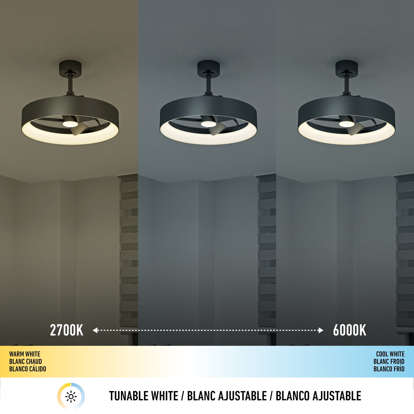 Image of the Artika-CAN-dev Austin 23 in. LED modern ceiling fan with remote, showing tunable white (warm 2700K, neutral, cool 6000K) from left to right. Text displays Tunable White in English and French.