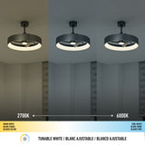 Three ceiling lights show a color temperature range from warm white (2700K) on the left to cool white (6000K) on the right, illustrating tunable white lighting options. Labels and icons appear at the bottom.
