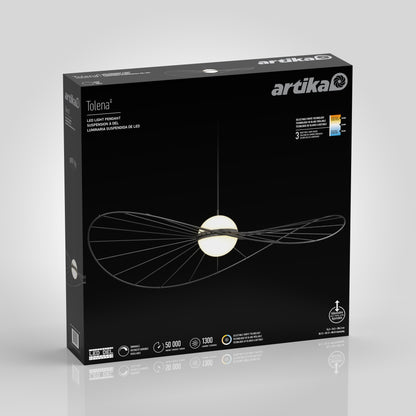 Black packaging box for the Artika Tolena LED pendant light 3 CCT, featuring a minimalist line drawing of the modern fixture with glowing bulb details and white brand name and specs on a sleek black background.
