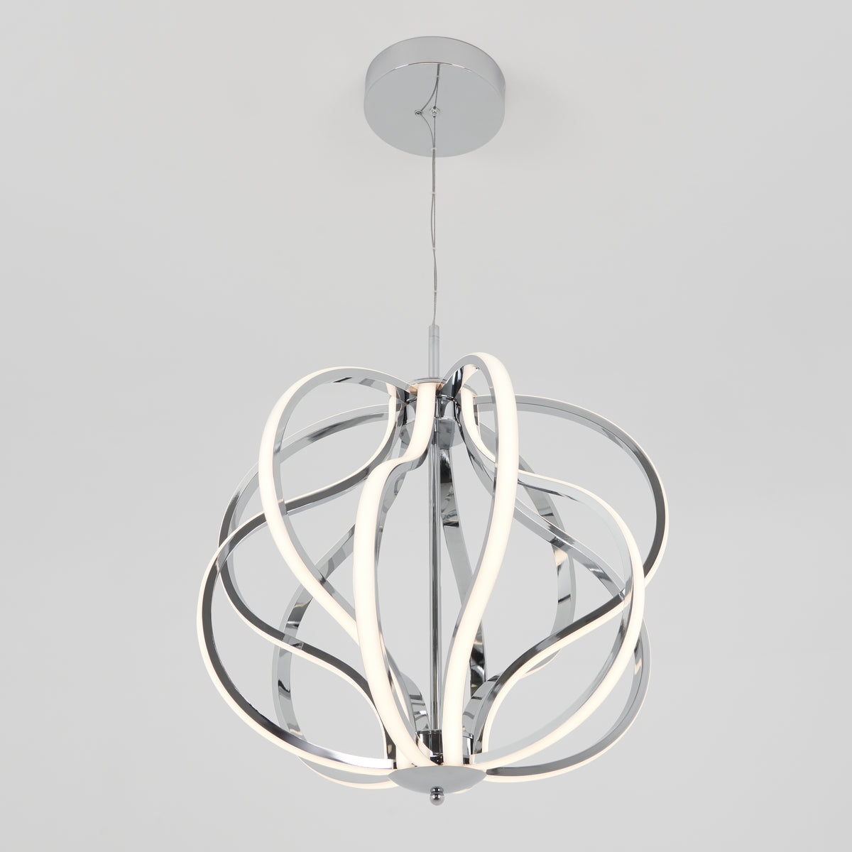 A modern pendant light with intertwined, curved metallic arms and integrated LED strips, suspended from a round ceiling mount against a plain light gray background.