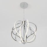 A modern pendant light with intertwined, curved metallic arms and integrated LED strips, suspended from a round ceiling mount against a plain light gray background.