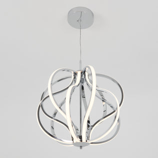 The Artika Meridian LED pendant light features curved chrome strips and integrated LEDs in an abstract, spherical design. Suspended by a thin cord from a round chrome ceiling mount, it brings contemporary style to any space.