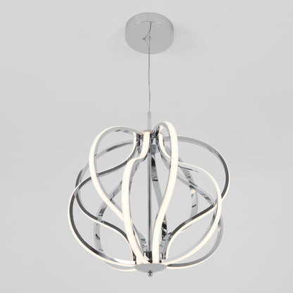 The Artika Meridian LED pendant light features curved chrome strips and integrated LEDs in an abstract, spherical design. Suspended by a thin cord from a round chrome ceiling mount, it brings contemporary style to any space.