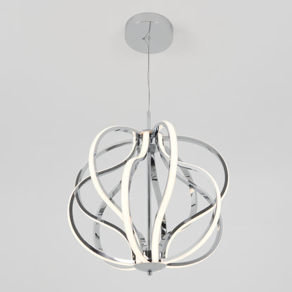 The Meridian LED pendant light by Artika features curved, intertwining LED strips in an abstract spherical shape, suspended from a round ceiling mount against a plain light gray background.