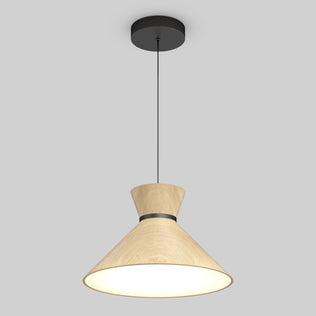 The Artika Inoa LED pendant light features a wide, cone-shaped black and wood shade suspended from a black cord and ceiling mount, offering 5 CCT options and casting a warm glow against a plain gray background.