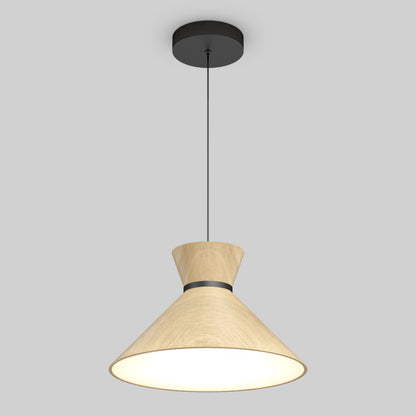 The Artika Inoa LED pendant light features a wide, cone-shaped black and wood shade suspended from a black cord and ceiling mount, offering 5 CCT options and casting a warm glow against a plain gray background.
