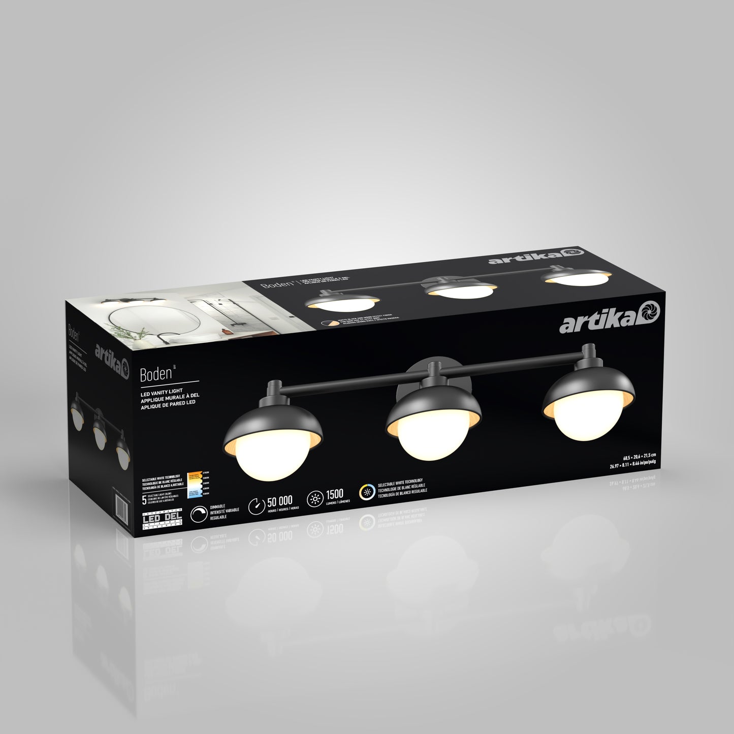 A rectangular box displays the Artika Boden LED mid-century bathroom vanity light 5 CCT, a black three-light fixture with round white shades. Product features and specs appear on a gray background.