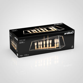 Black Artika box featuring the Carter Long 8-light chandelier—an LED pendant with exposed bulbs and wood accents.