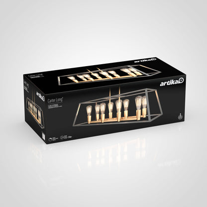 A rectangular black Artika box features the Carter Long 8-light Chandelier, showcasing eight exposed bulbs and a modern geometric metallic frame. The packaging displays product images and Artika branding.