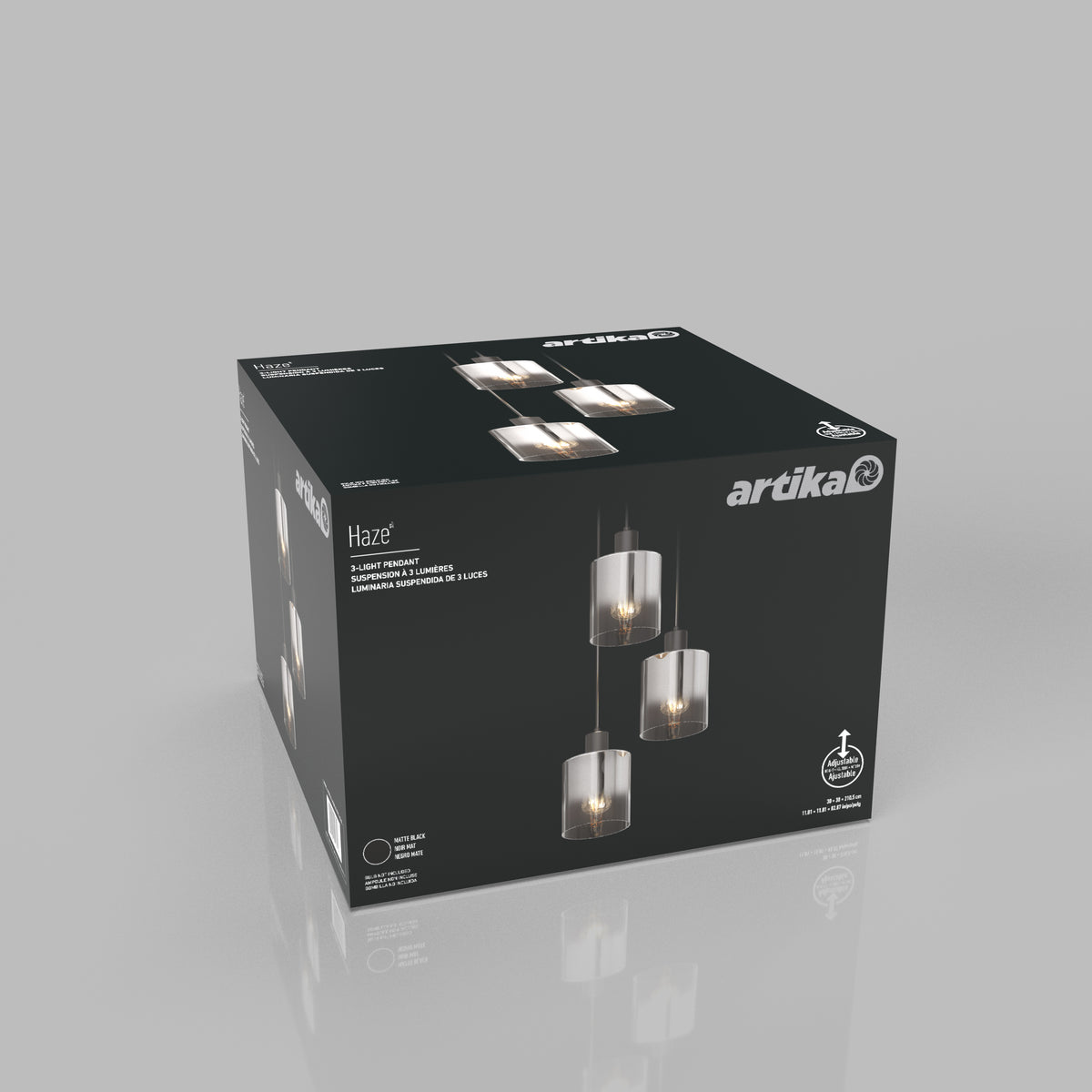 A black box with artika branding displays a hanging light fixture called Haze, featuring three suspended glass pendant lights. The box shows product images and details on a plain gray background.