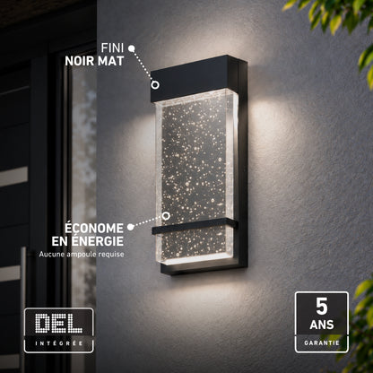 Skyler indoor-outdoor LED wall light featuring a rectangular shape with bubble-glass, black trim, a matte finish, and a 5-year warranty.