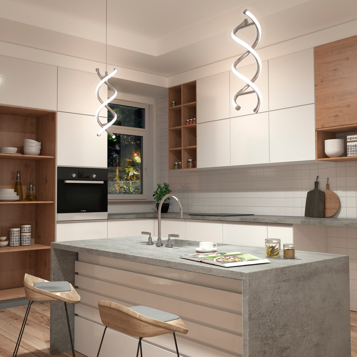 Modern kitchen with white cabinets, wooden accents, and a gray island with two wooden stools. Two Artika DNA LED pendant lights hang above the island, and a window above the sink lets in natural light.