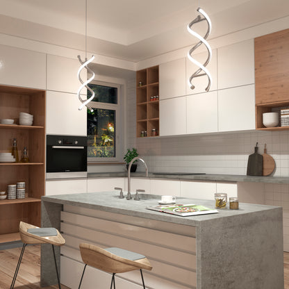 Modern kitchen with white cabinets, wooden accents, and a gray island with two wooden stools. Two Artika DNA LED pendant lights hang above the island, and a window above the sink lets in natural light.