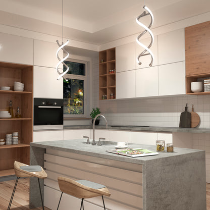 Modern kitchen with white cabinets, wooden accents, and a gray island with two wooden barstools. Above the island hang Artika DNA LED pendant lights featuring a unique helix design, creating a clean and bright atmosphere.