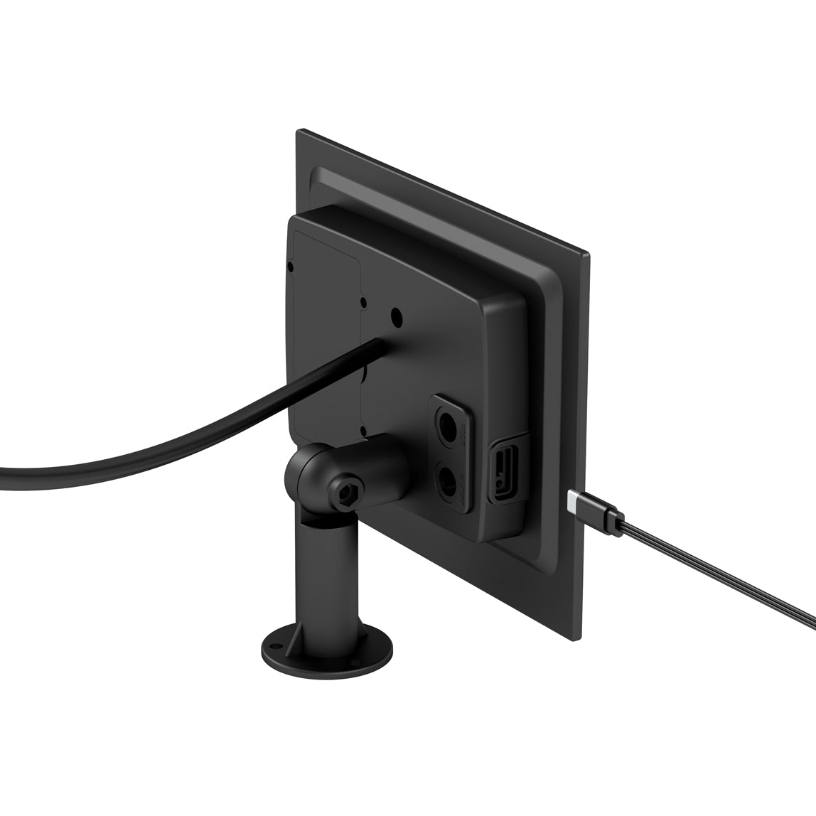 A close-up of the back of Artika’s Blaze 20 LED Outdoor Solar String Lights, showing the black solar panel mounted on a swivel arm with cables plugged into its ports.
