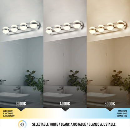 The Artika Baldric LED modern bathroom vanity light 3 CCT is shown above a mirror, demonstrating warm white (3000K), neutral white (4000K), and cool white (5000K) settings. A plant is placed by the sink.