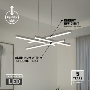 The Artika Grid modern LED pendant light 5 CCT features adjustable height, an aluminum and chrome finish, integrated energy-efficient LEDs (no bulbs required), a 5-year warranty, and is ideal for minimalistic spaces.