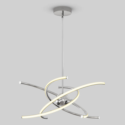 The Artika Silvio LED pendant light 3 CCT features modern, curved chrome arms and glowing light strips, suspended from a round ceiling mount against a plain gray background.