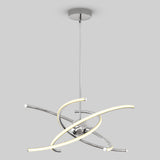A modern, chrome-finished pendant light fixture with three curved LED arms intersecting in an abstract design, suspended from a ceiling mount against a light gray background.