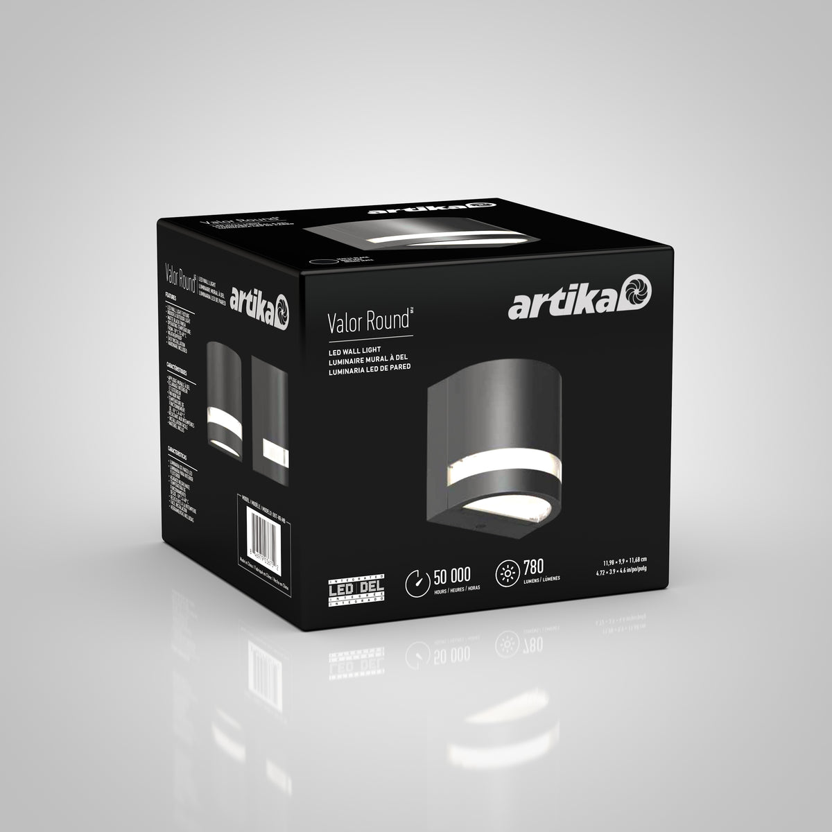 Artika Valor Round LED wall light—indoor/outdoor use, sleek black design. Product image and specs shown on gray background.