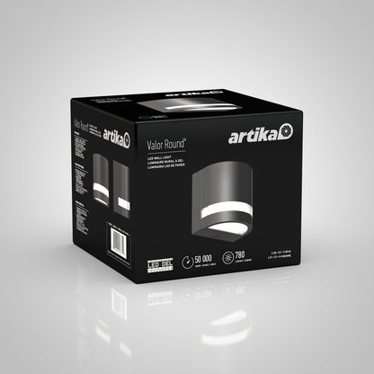 Artika Valor Round LED wall light—indoor/outdoor use, sleek black design. Product image and specs shown on gray background.
