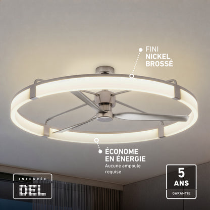 Artika Sunnyvale 52 in. LED ceiling fan with remote, nickel finish, energy-saving features. Five-year warranty label shown.