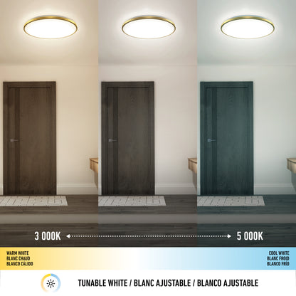 A ceiling light above a door and table is shown at three color temperatures: warm white (3000K), neutral, and cool white (5000K). The room’s lighting shifts from yellowish to blueish across the images.