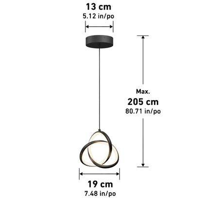 The Zephyr LED pendant by Artika features interlocking rings, a black circular 13 cm ceiling mount, pendant width of 19 cm, and a max hanging length of 205 cm, all suspended from a cord for a modern look.