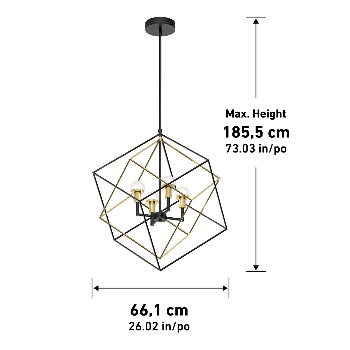 Modern pendant chandelier with geometric metal frame, featuring gold and black finishes. Max height is 185.5 cm (73.03 in), width is 66.1 cm (26.02 in). Four bulb sockets are visible inside the frame.