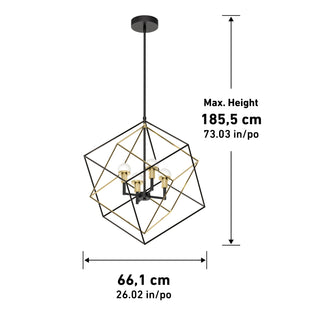 The Artika Peyton LED modern mid-century pendant light features black and gold cube frames, four bulbs, max height 185.5 cm (73.03 in), and width 66.1 cm (26.02 in). Measurements are shown on the image.