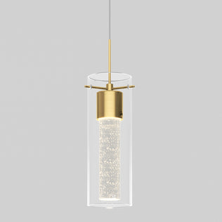 The Artika Essence LED pendant light features a cylindrical clear glass shade, a gold metal fixture, and an inner tube with bubbles, all suspended by a thin cord against a gray background.