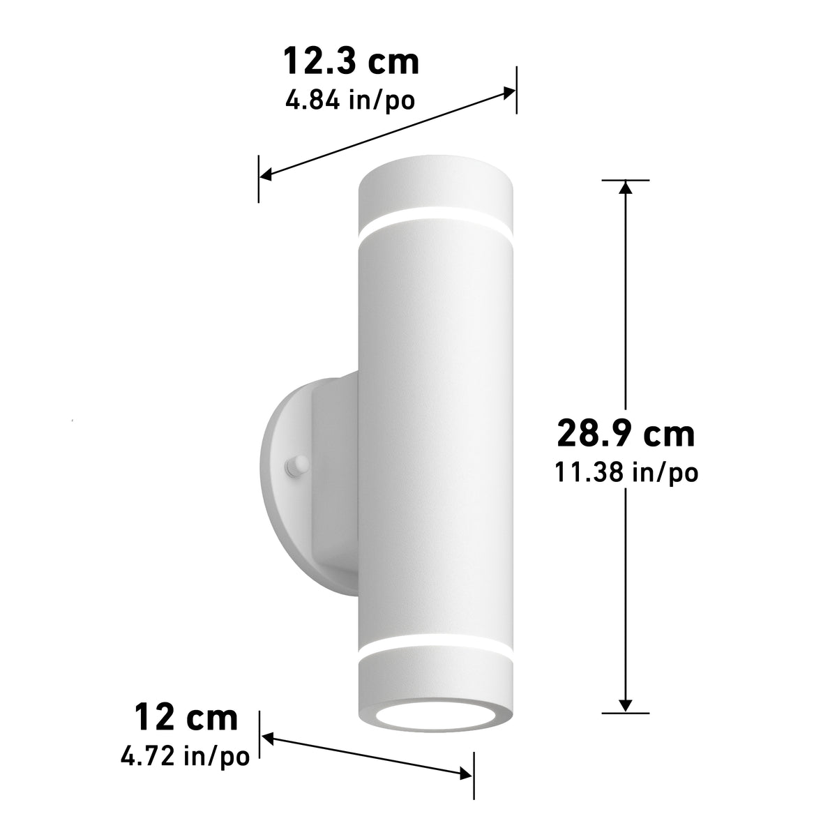 A white cylindrical wall light is shown with dimensions: height 28.9 cm (11.38 in), width 12.3 cm (4.84 in), and depth 12 cm (4.72 in). The fixture is mounted vertically on a round base.