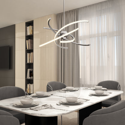 Modern dining room with a marble table for six, gray velvet chairs, built-in bookshelves, and a large window with sheer curtains. The space is illuminated by the Artika Silvio LED pendant light with 3 CCT, adding a contemporary touch.